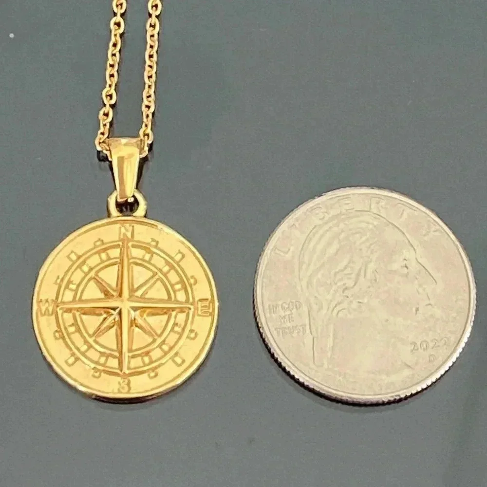 Compass Travel Waterproof 316L Stainless Steel in 18k Gold Necklace